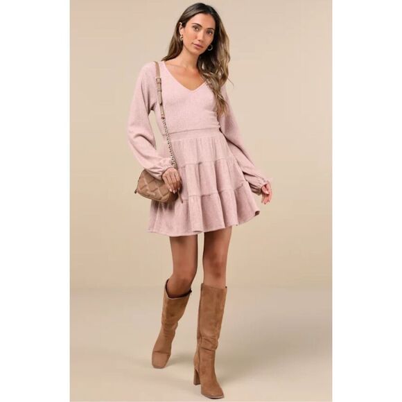 Lulus Small Adorable Option Heather Blush Long Sleeve Mini Sweater Dress - Picture 1 of 10
